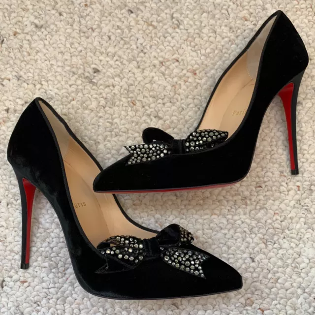 Christian Louboutin Madame Menule Velvet Pumps with Crystal Bow Sz 38 NWT