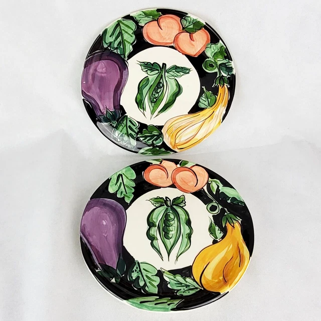 Vicki Carroll BON APPETIT Set 2 Dinner Plates 1995 Signed 10" Vegetables Ceramic