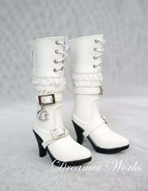 1/3SD BJD Shoes Leather High Heels Military Long Boots PUNK Lace+Pendant White