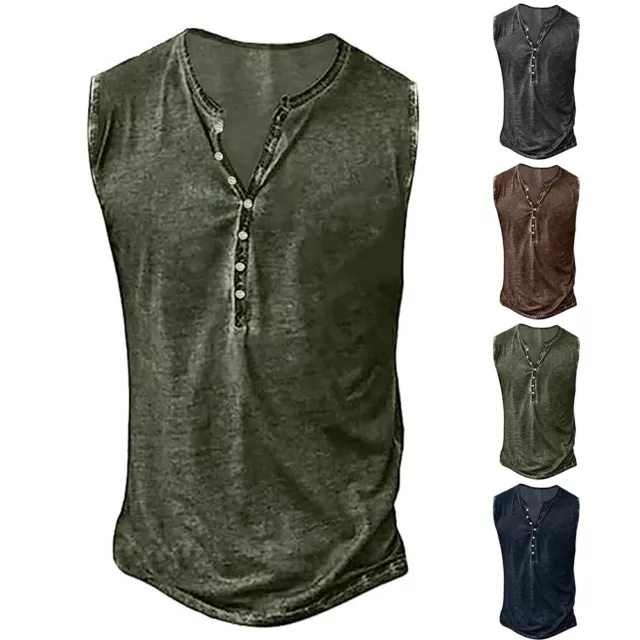 Canotta Da Uomo Con Bottoni T-Shirt Muscolare Da Allenamento Casual Gilet ☆