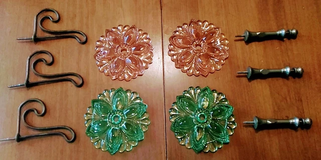 VINTAGE 2 PAIRS OF PINK and GREEN FLORAL DRAPERY TIE BACKS WITH HARDWARE