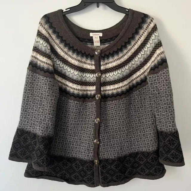 Sundance 100% Lambswool Brown Fair Isle Button Up Cardigan 3/4 Sleeve Sweater XL