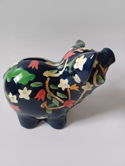 Large Vintage Handpainted Black Floral Pig Reusable Piggy Bank Ceramic Figurine