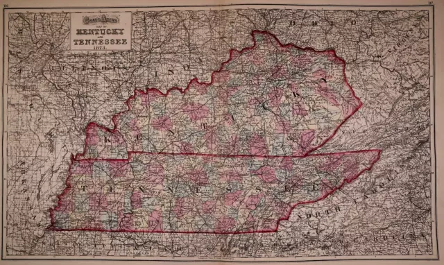 Old Antique 1873 Gray's Atlas Map ~ KENTUCKY - TENNESSEE ~ Large Map 17" x 28"