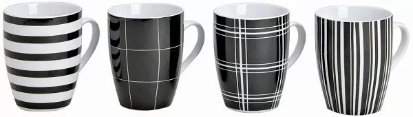 Tassen Becher Kaffeebecher schwarz/weiß Streifen/Kariert Porzellan 300ml 4er Set