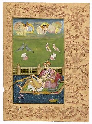 Mughal Miniature Old Painting Of Emperor & Empress in Love Scene Art On Terrace