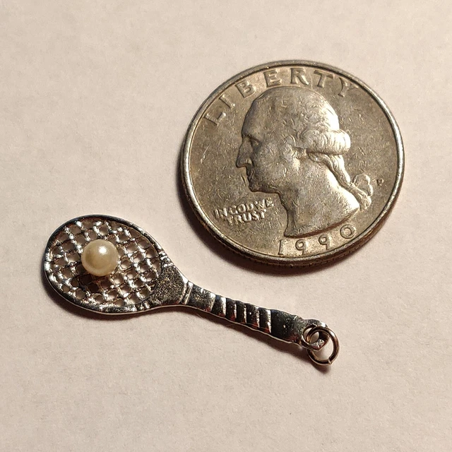 Vintage Sterling Silver Tennis Racquet Faux Pearl Ball 1.25” Pendant Charm M&M