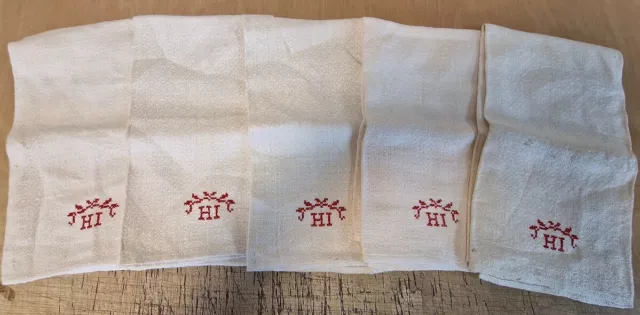5 schöne alte Leinen Gäste Handtücher durchgewebtes Rauten Muster 0,52m x 0,61m