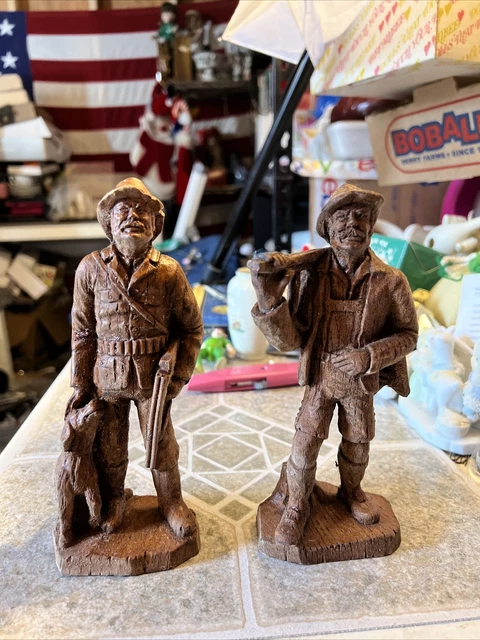 2 Vintage France Sic Signed Wooden Carved Hunters Early Mid Century