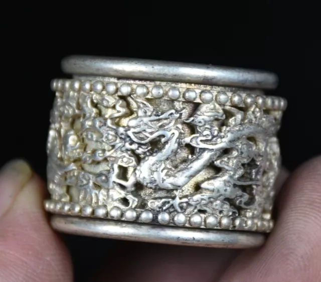3CM Rare Old Chinese Miao Silver Feng Shui Dragon Phoenix Finger Revolve Ring