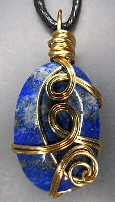 Wire Wrapped Gemstone Lapis Lazuli Blue Pendant Oval Necklace Handmade Jewelry