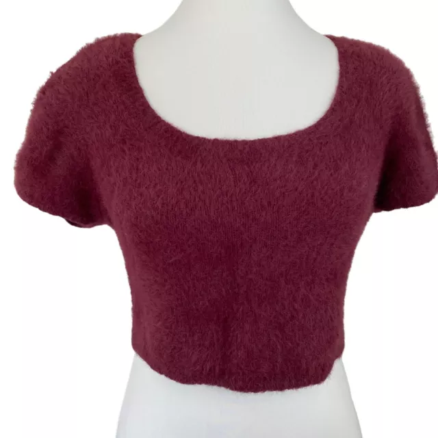 Cotton Candy LA Burgundy Purple Fuzzy Knit Cropped Short Sleeve Sweater Large