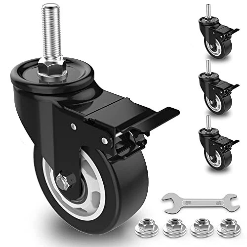 3" Stem Caster Wheels with Safety Dual Locking, 1/2" -13 x 1-1/2" Heavy Duty ...