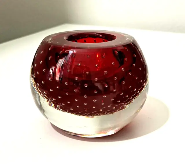 Heavy Deep Red Controlled Bubbles Small Bowl - Paperweight Murano Art Glass