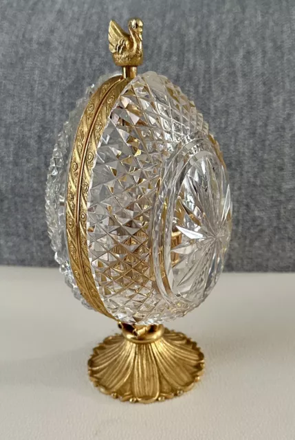 Very Fine French Cut Crystal & Dore Bronze Egg Container with 2 Perfume Bottles 2