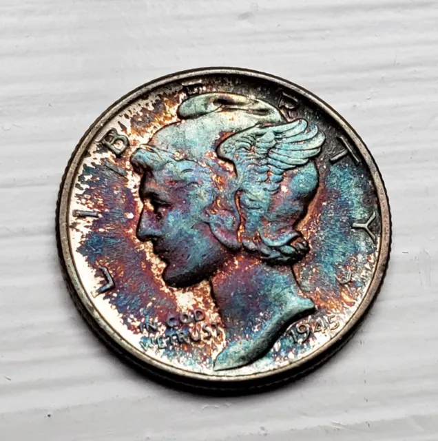 1945 D Rainbow Toned UNC BU Mercury Dime Interesting Color Silver 10c Coin!