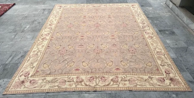 French Style Vintage Aubusson Handmade Boho Chain Stitch Rug Free Ship 7x10 ft