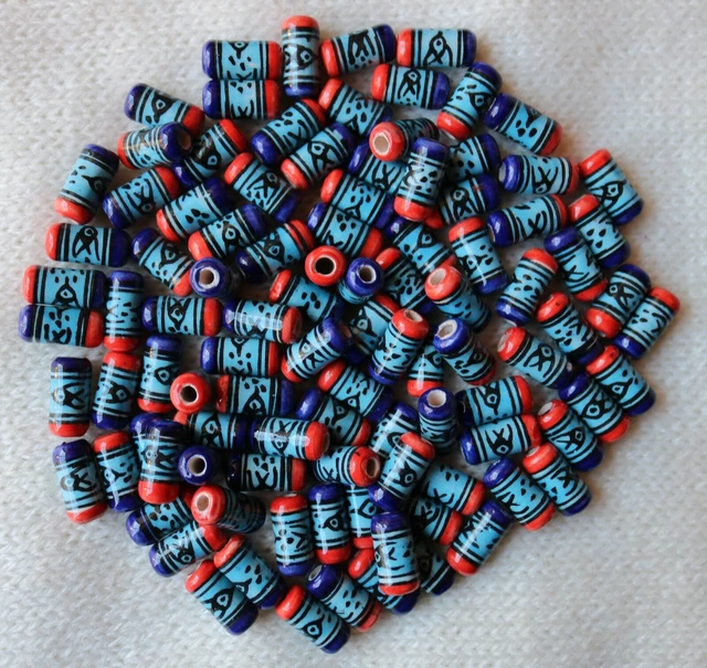 25 Keramik Perlen 16 mm, Walze Zylinder blau rot Inka Muster Schmuck Perle Peru