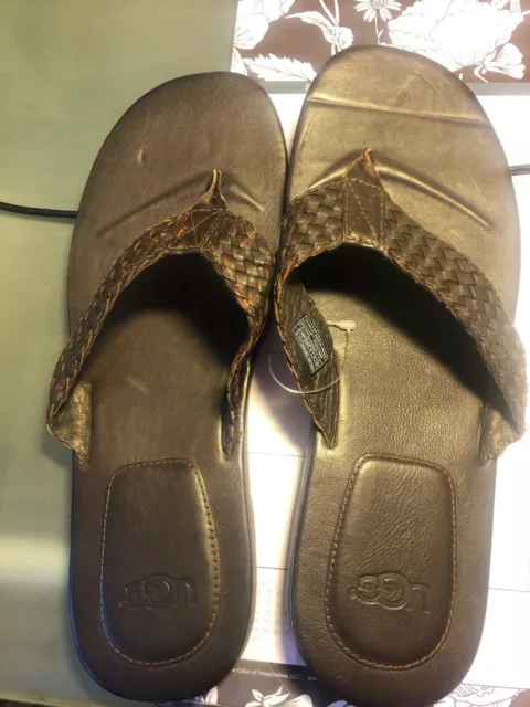 UGG Mens BROWN Leather Braid Flip Flops Sandals Size US 14 Nice!