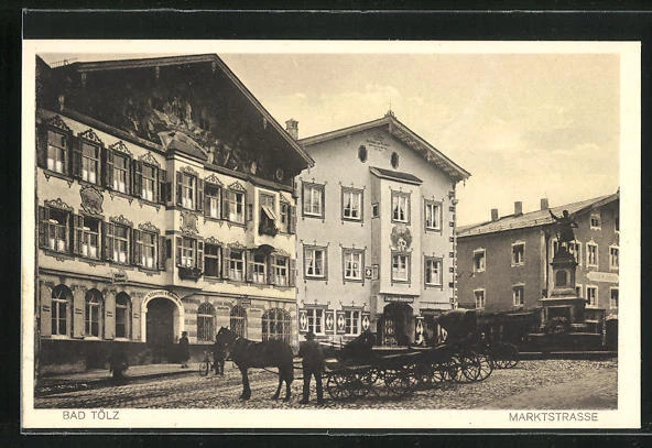 Bad Tölz, Marktstrasse mit Gasthaus und Denkmal, Ansichtskarte