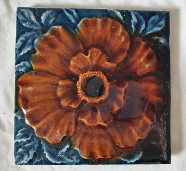 Minton Majolica Floral Design 6 Inch Tile, Circa 19Th Century. Big Flower
