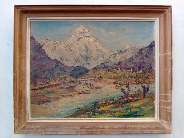 Ancien tableau MONTAGNE & Lac du BOURGET ? en SAVOIE - peinture Germaine FRANCOZ