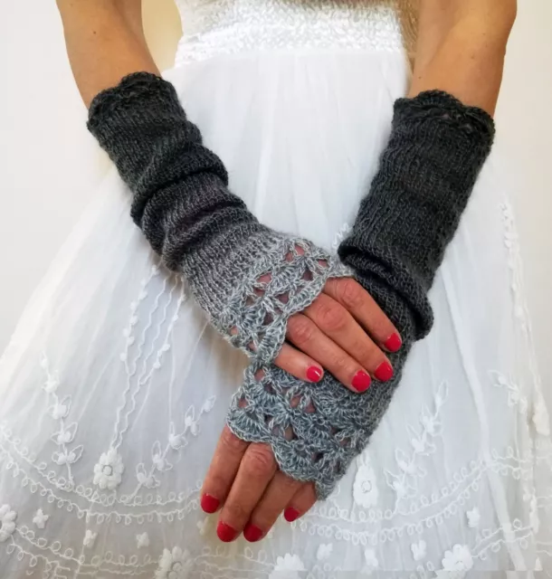 Handmade Knit Wool Long Fingerless Womans Gloves Crochet Edges Taup & Grey OS