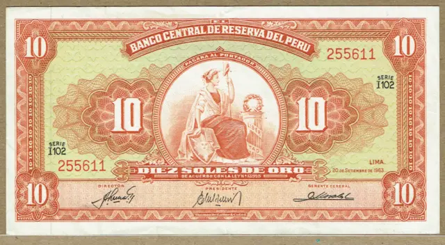 BANCO CENTRAL DE RESERVA DEL PERU 20. 9. 1963 10 SOLES DE ORO P-84a XF/AU