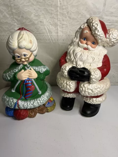 Vintage Mr & Mrs Santa Claus Atlantic Mold Ceramic Figures Lrg Rare Green Color