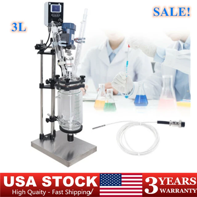 3L Lab Double Layer Glass Reactor Jacket Reaction Vessel Mixer Digital Display