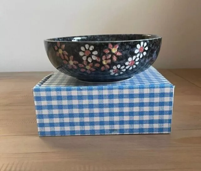 Vintage Beautiful Japanese Ceramic Textured Bowl With Hand Painted Flowers