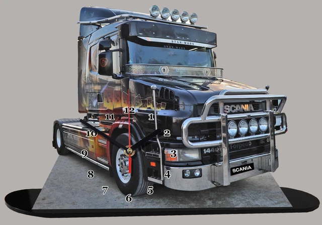 Camion décoré, Truck, Scania Starsky and Hutch avec sa remorque en horloge sur socle miniature - Collection