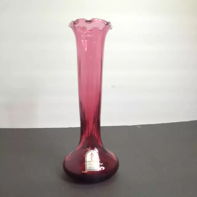Vintage Pilgrim Art Glass Cranberry Pink Swirl 7 1/8" Ruffled Bud Vase