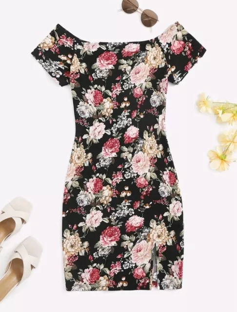 Womens Size 20 Black Floral Bodycon Off Shoulder Dress Flower New Split Hem 2XL