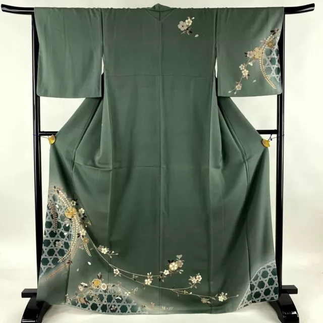 Japanese kimono  "TUKESAGE" Woven-Bamboo, SAKURA, Gold leaf, Gray ,L5' 4"..3428 2