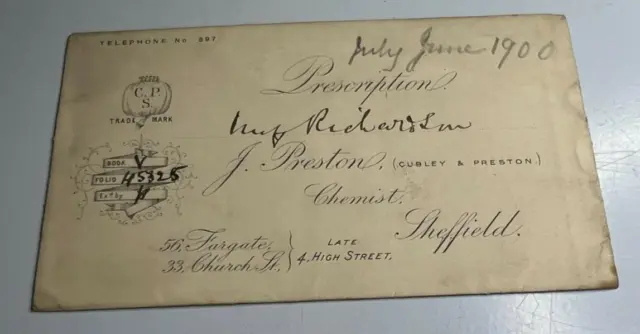 Antique Prescription Envelope  J Preston Chemist Sheffield To Mr Richardson