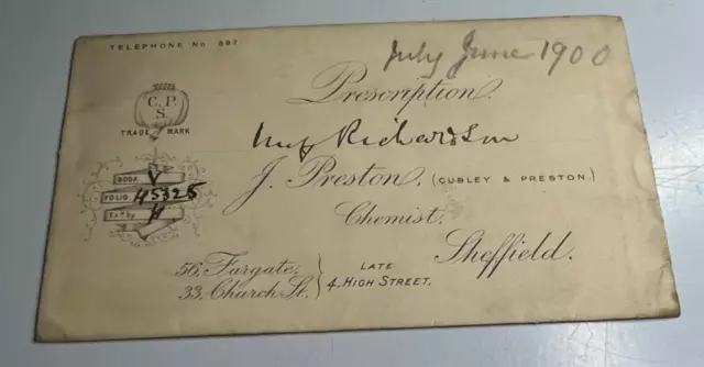 Antique Prescription Envelope  J Preston Chemist Sheffield To Mr Richardson