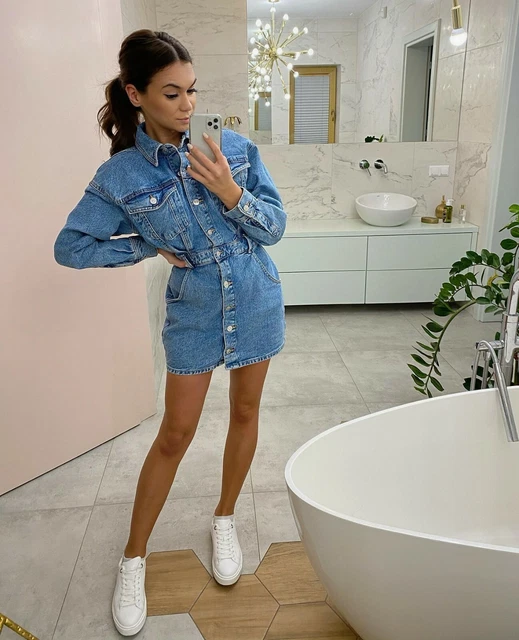 ZARA NEW WOMAN Short Mini Denim Shirt Dress Pockets Blue 081