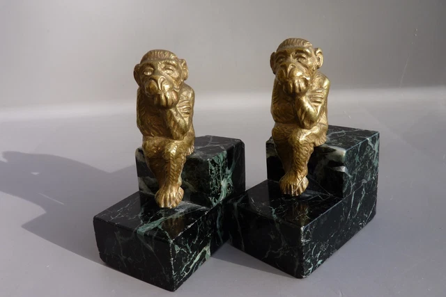 Paire De Serre-Livres Petits Singes Assis En Bronze Dore  Socle Marbre Vert Xix