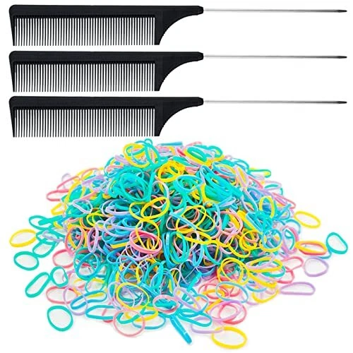 2500 Pcs Hair Mini Rubber Rubber Bands And 3 Pcs Black Rat Tail Comb Colorful Ha