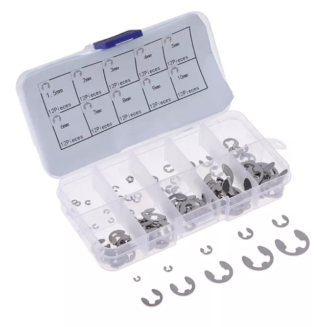 120Pcs/Box 304 Stainless Steel E-Clip Retaining Circlip Assortment Kit M1.5~-wf