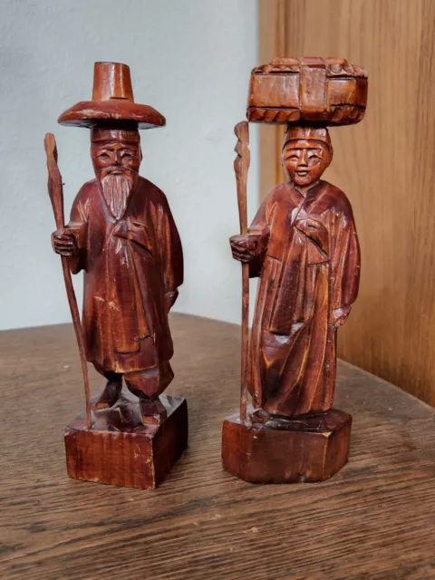 Carved Wood Oriental Couple With Walking Sticks 8" Tall Set of 2 Man Woman
