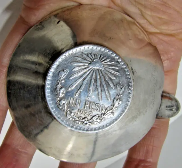 1922 Eagle Cap Rays Un Peso Coin Mexico Sterling Silver Ashtray 36 Grams 3"