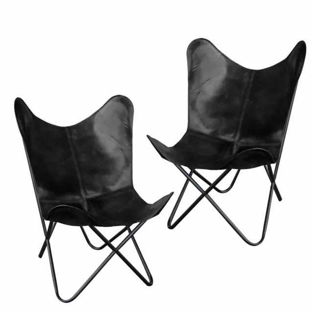 2 Noir Classique Cuir Fait à la Main Papillon Relax Chaise Maison & Jardin