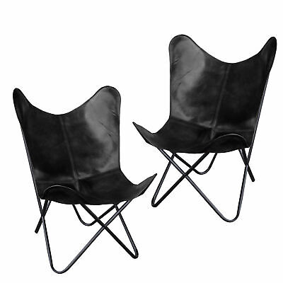 2PCS Home Décor Living Room Black Classic Handmade Leather Butterfly Relax Chair