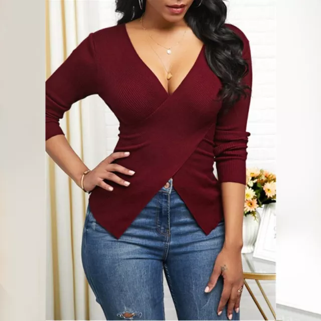 Womens Sexy Long Sleeve V Neck Tops Ladies Knitted Slim Fit T-Shirt Blouse