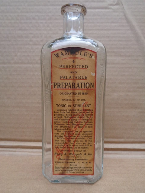 Vintage 1930 Wampole's Quack Preparation Glass Bottle Embossed W/Label