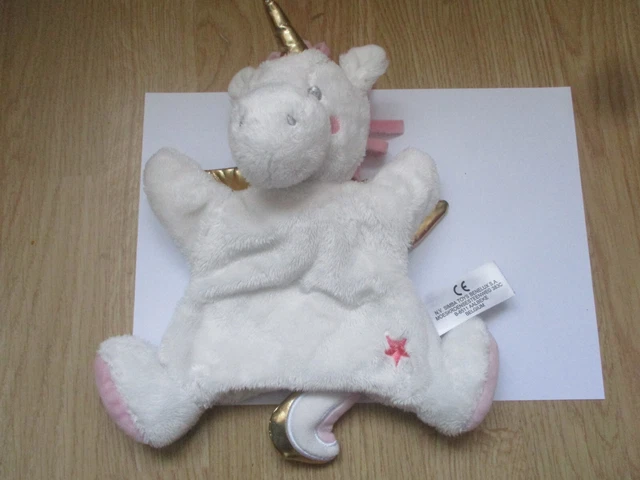doudou marionnette licorne simba nicotoy blanc écru doré étoile rose