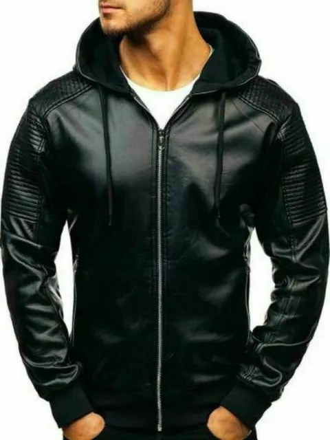 Men Genuine Lambskin Leather Classic Quilted Hoody Biker Black Coat Jacket