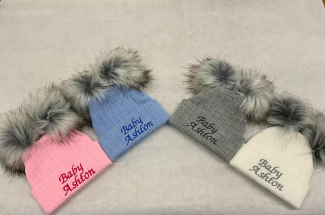 Personalised Unisex Baby Boy Girl Hat Faux Pom Pom Baby Shower Name Year 0-6M